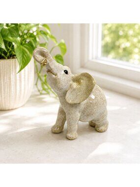Vintage Ceramic Elephant Figurine Speckled Glaze Upturned Trunk Good‎ Luck Decor